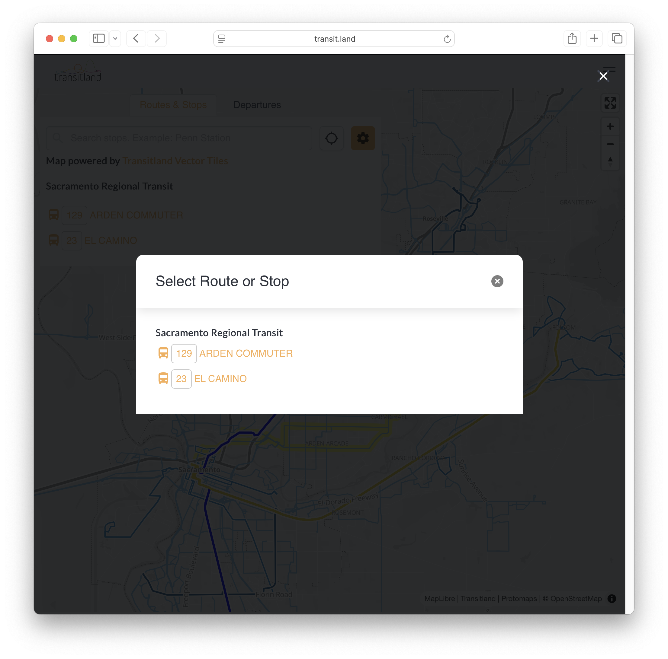 modal selector showing two selected routes