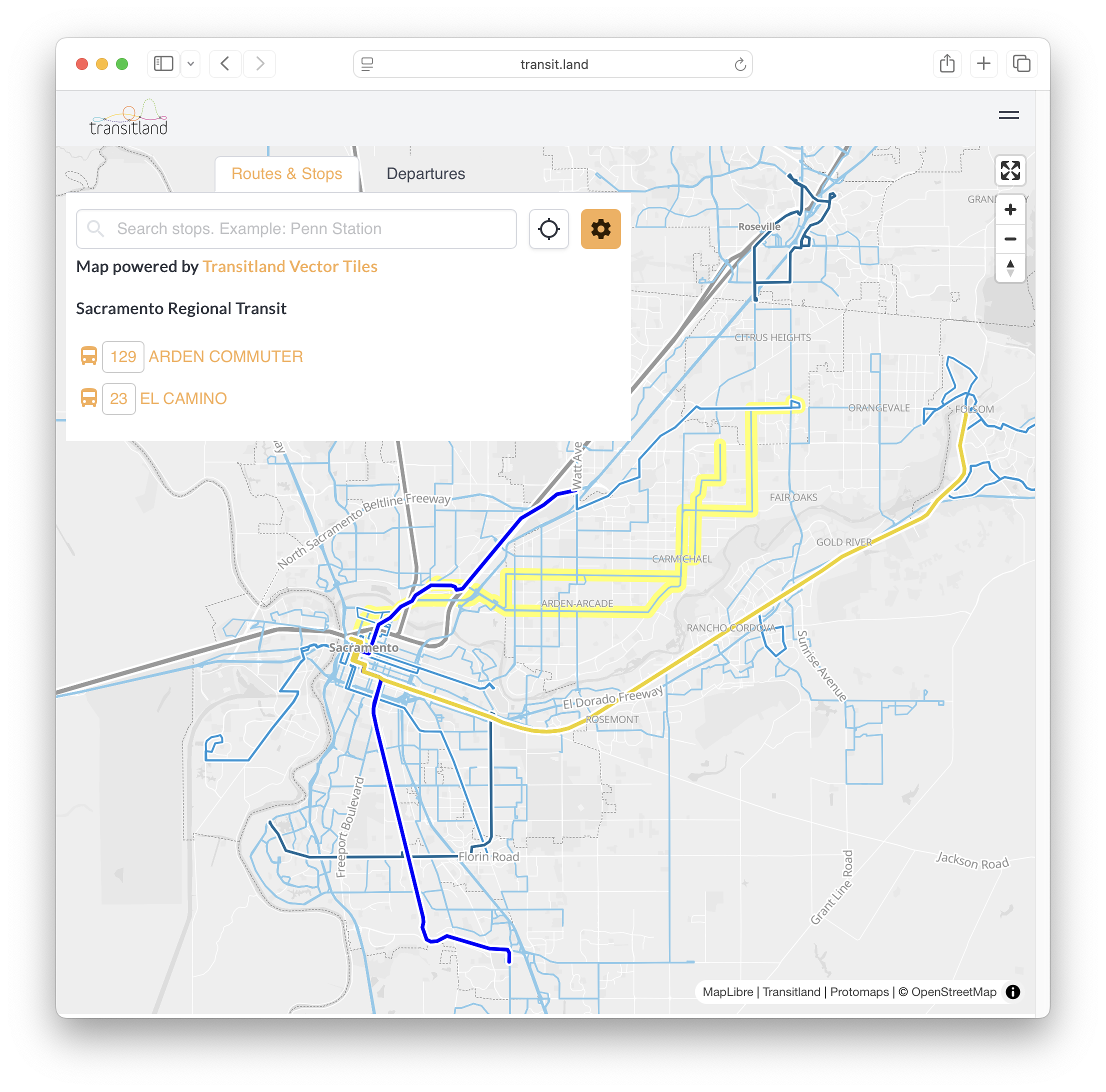 screenshot of a user hovering their mouse cursor over two route lines, which are highlighted in yellow